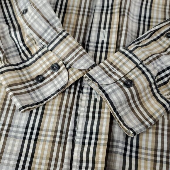 M NAUTICA 80'S Sailing TWO PLY COTTON tan black PLAID BUTTON DOWN SHIRT Medium - Picture 3 of 11